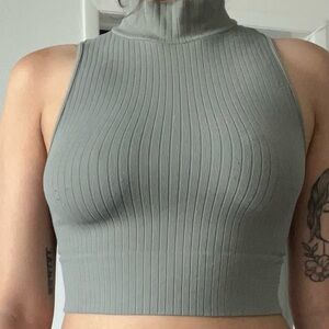 Ribbed High Neck Sleeveless Top in Gray